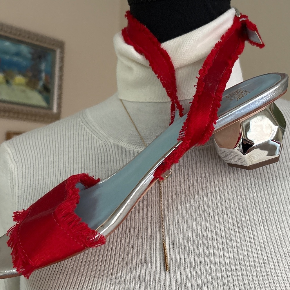 FRANCIS VALENTINE RED SATIN ORB-HEEL SANDAL -NWOT
